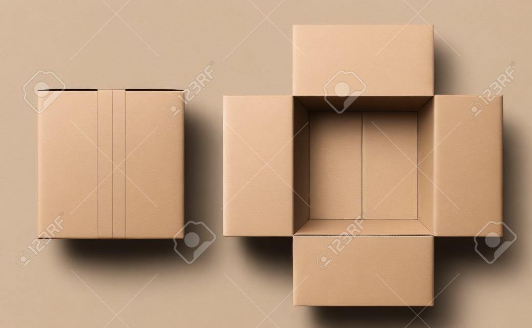 Cardboard box top view. Open closed boxes inside and top, brown pack mockup, delivery service realistic empty carton vector packaging template