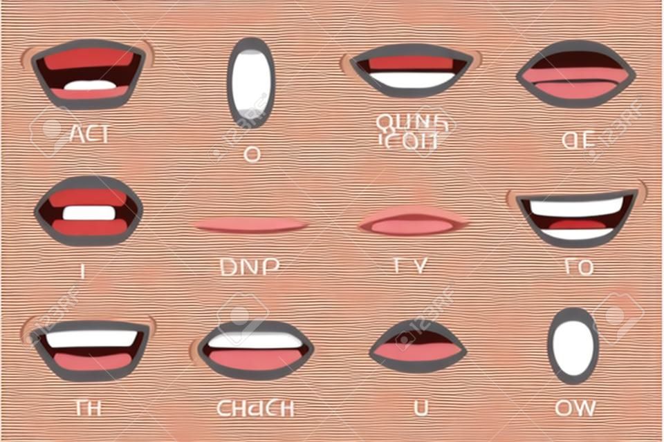 Synchronisation de la bouche. Lèvres de bouches parlantes pour l'animation de personnages de dessins animés et les signes de prononciation en anglais. Vecteur d'émotions féminines isolées et jeu d'articulation parlant
