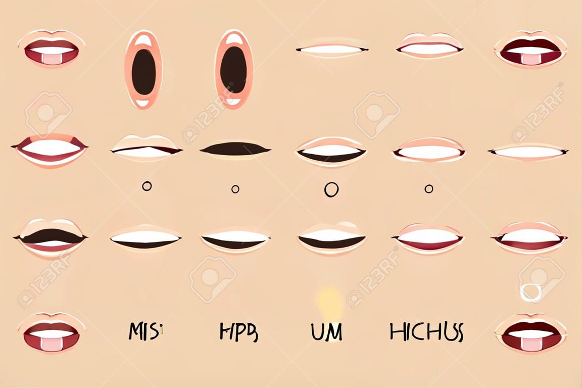 Synchronizacja ust. Mówiące usta do animacji postaci z kreskówek i znaków wymowy angielskiej. Wektor izolowane kobiece emocje i zestaw artykulacji mówienia