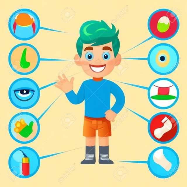 Kid body parts. Human child boy with eye, nose and chest, head. Knee, legs and arms cartoon preschool education vector isolated anatomy teaching illustration