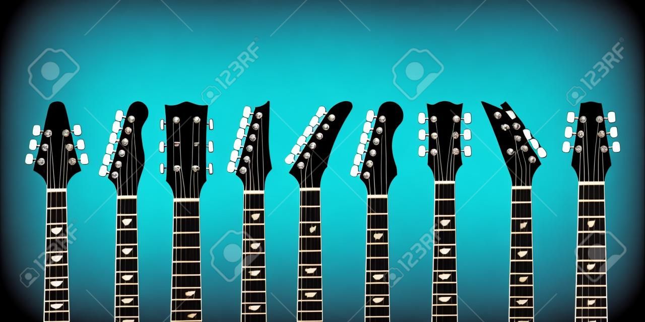 ギターヘッドストック。アコースティックとロックエレキギターヘッド。アウトライン楽器、最小限の抽象音楽シンボルは、現代のギターの概念のベクトル黒のシルエット
