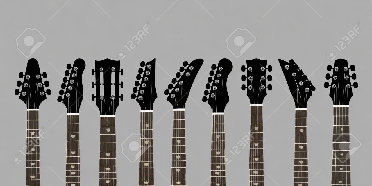 ギターヘッドストック。アコースティックとロックエレキギターヘッド。アウトライン楽器、最小限の抽象音楽シンボルは、現代のギターの概念のベクトル黒のシルエット