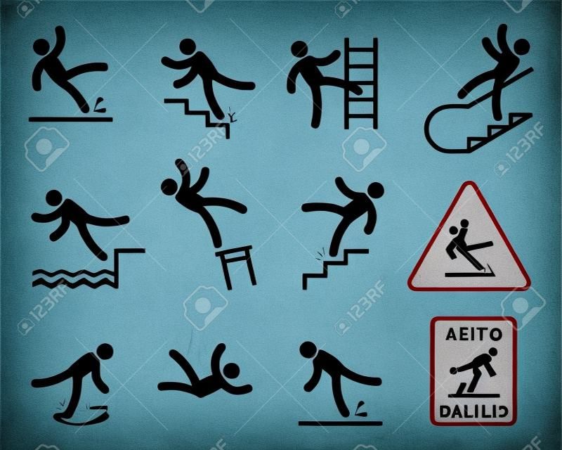 떨어지는 사람들. 단순한 실루엣의 불균형한 사람들은 젖은 바닥에서 미끄러져 넘어집니다. 고도에서 떨어지다, 계단 아래로 떨어지다, 가장자리에, 위험, 경고 기호 격리 세트