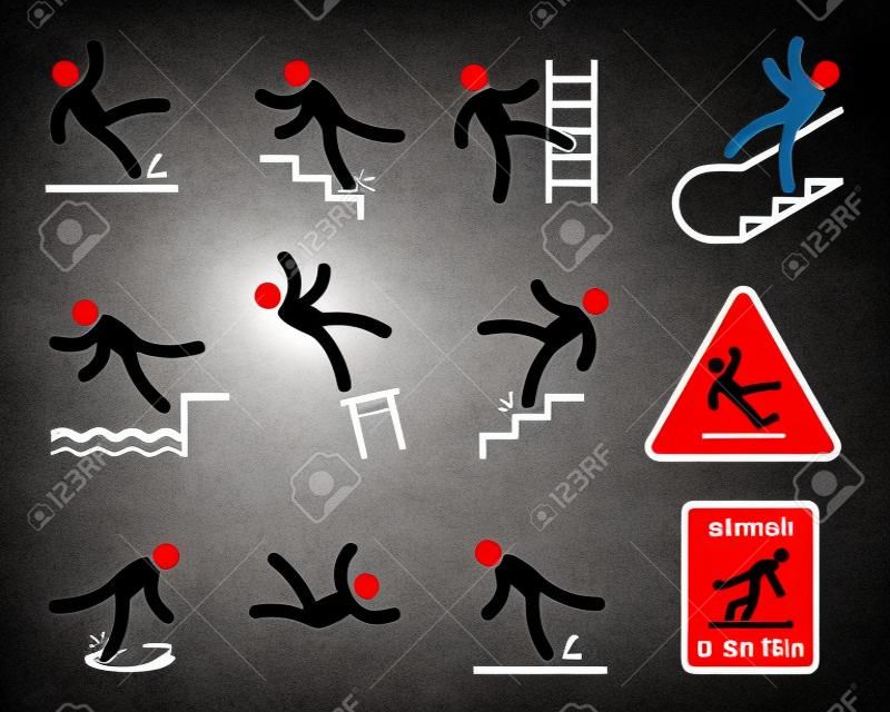Falling people. Simple silhouette unbalanced people injury slipping on wet floor, tripping. Drop from altitude, fall down stairs and over edge, hazard, warning sign isolated set