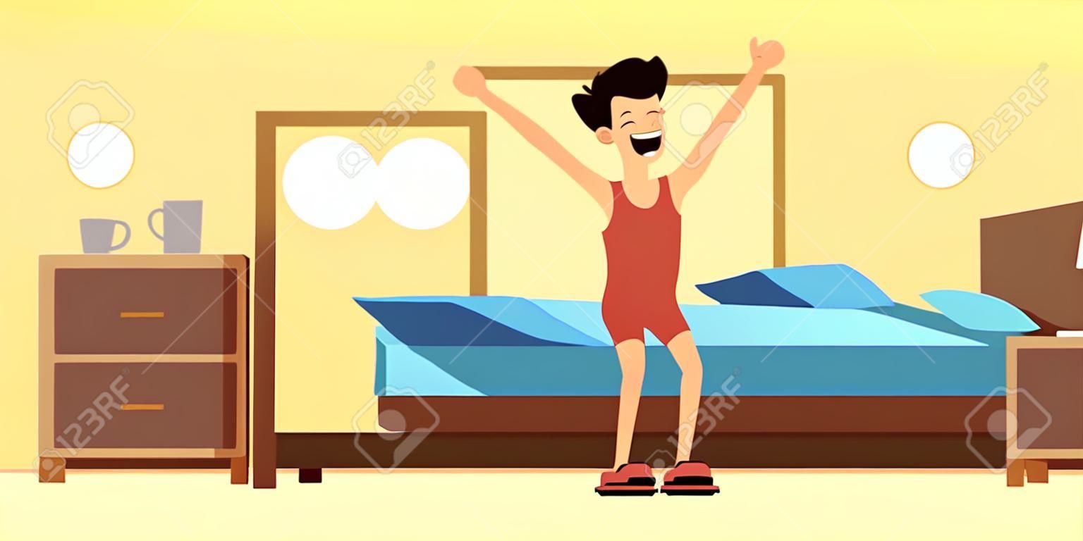 Uomo che si sveglia. Personaggio maschile felice che si alza dal letto al mattino presto, interni della camera da letto all'interno, routine quotidiana e stile di vita sano, illustrazione isolata del vettore piatto del fumetto