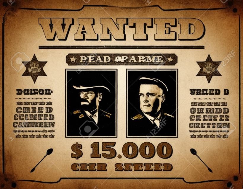 Wanted poster. Vintage western poster with empty place for crime photos, wild west retro criminal search banner with sheriff star badge, vector frame for flyer, people search template with copy space