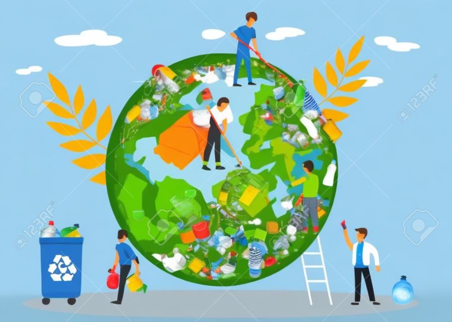Ludzie czyszczą planetę. kula ziemska w górze śmieci z plastikowych butelek marnuje naczynia, kobiety i mężczyzna oczyszczają ziemię przed zanieczyszczeniami chronią i ratują świat koncepcja płaski wektor kreskówka na białym tle ilustracja