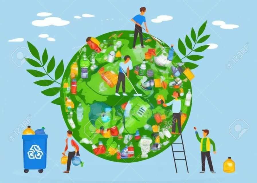 People clean planet. Globe in mountain of garbage from plastic bottles waste dishes, women and man cleanse Earth from pollution protect and save world concept flat vector cartoon isolated illustration