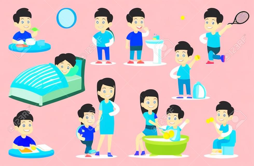 Boy routine. Kid daily activities, little child sleeps bed, wake up in bedroom and takes bath with mother, does homework and eats breakfast in school, plays tennis vector isolated cartoon set