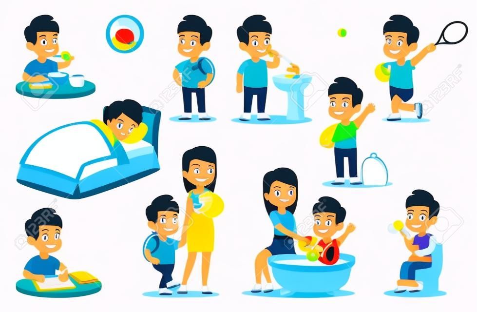 Boy routine. Kid daily activities, little child sleeps bed, wake up in bedroom and takes bath with mother, does homework and eats breakfast in school, plays tennis vector isolated cartoon set
