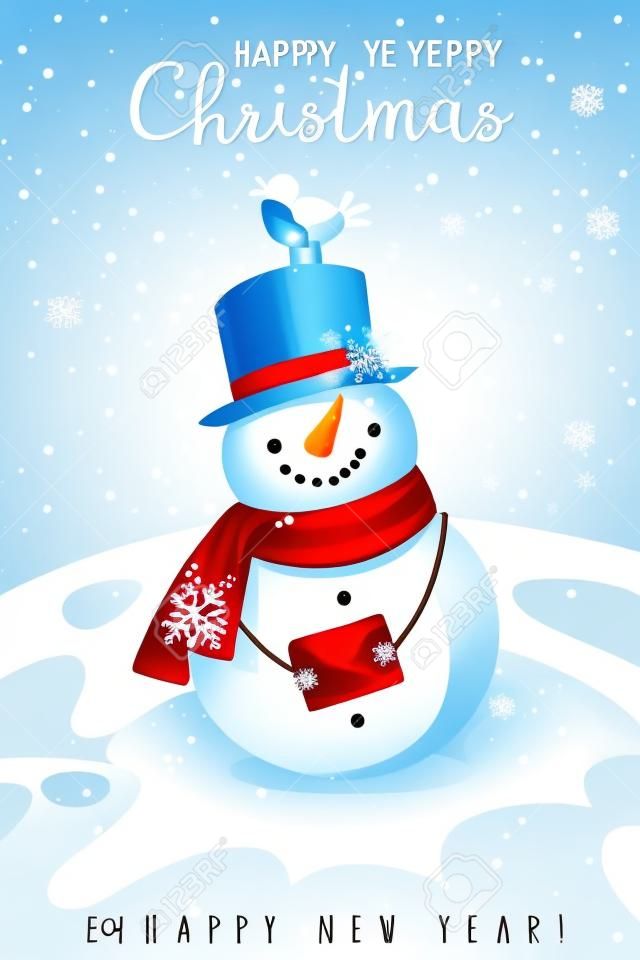 Bałwan. szczęśliwego nowego roku i wesołych świąt kartkę z życzeniami z wesołym bałwanem w kapeluszu i szaliku i płatkach śniegu, świąteczna zima kreskówka boże narodzenie ładny charakter wektor grudzień wakacje tło