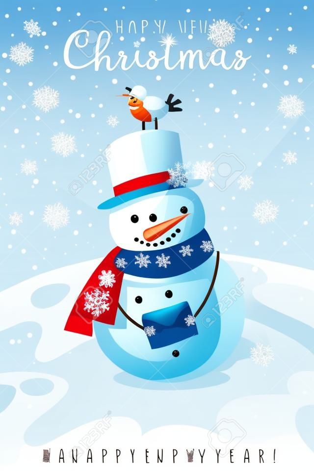 Snowman. Happy new year and merry christmas greeting card with cheerful snowman in hat and scarf and snowflakes, festive winter cartoon xmas cute character vector december holiday background