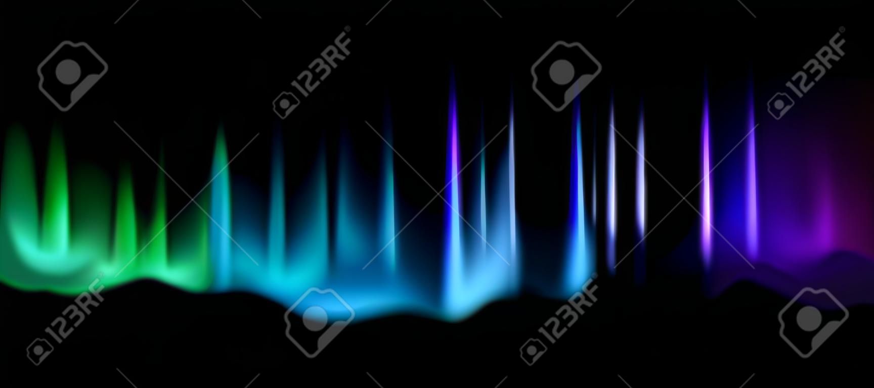 Nordlichter. Aurora Borealis erstaunliche Polarlichter am Nachthimmel, magische Lumineszenz lebendiger arktischer Effekt, grün-blauer und violetter Farbverlauf Polarraum glänzen Vektor abstrakte realistische Illustration