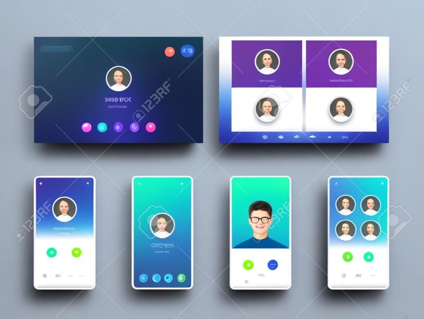Call screen template. Incoming video calls accept and decline button anonymous avatar mobile, tablet computers or laptop interface display, calling chat conference computer vector realistic mockup set