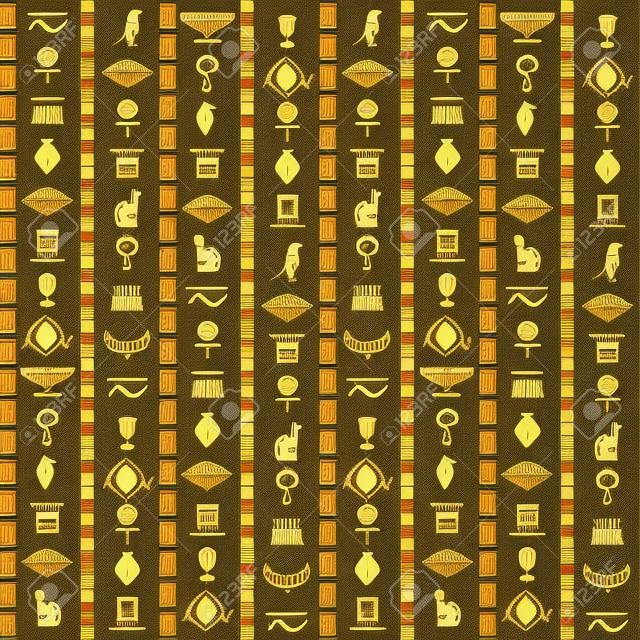 Antico Egitto. Modello senza cuciture di geroglifici egizi, elementi antichi e simboli papiro, sfondo storico tradizionale, grafica delle piramidi, tessuto decorativo, struttura di vettore della carta da parati della carta da imballaggio