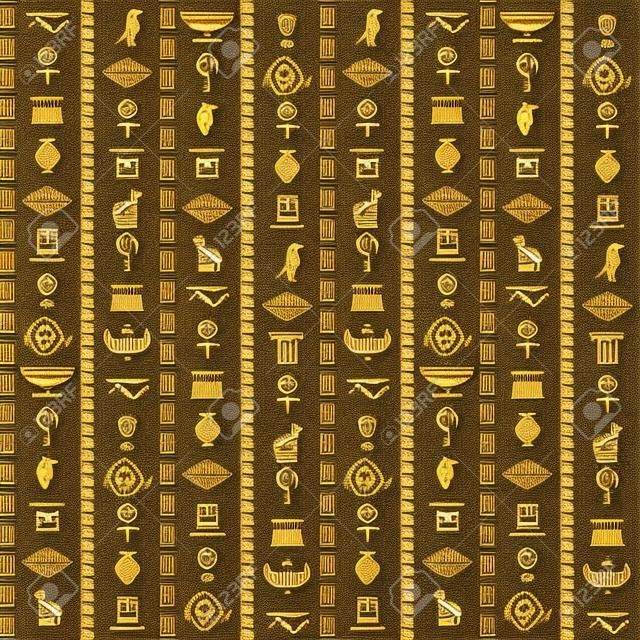 Ancient egypt. Egyptian hieroglyphs seamless pattern, antique elements and symbols papyrus, historical traditional background, pyramids graphic, decor textile, wrapping paper wallpaper vector texture