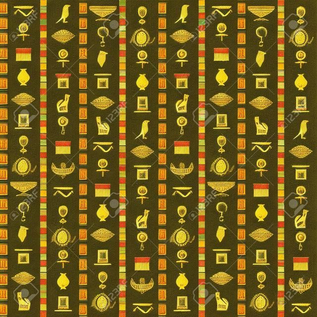 Antico Egitto. Modello senza cuciture di geroglifici egizi, elementi antichi e simboli papiro, sfondo storico tradizionale, grafica delle piramidi, tessuto decorativo, struttura di vettore della carta da parati della carta da imballaggio