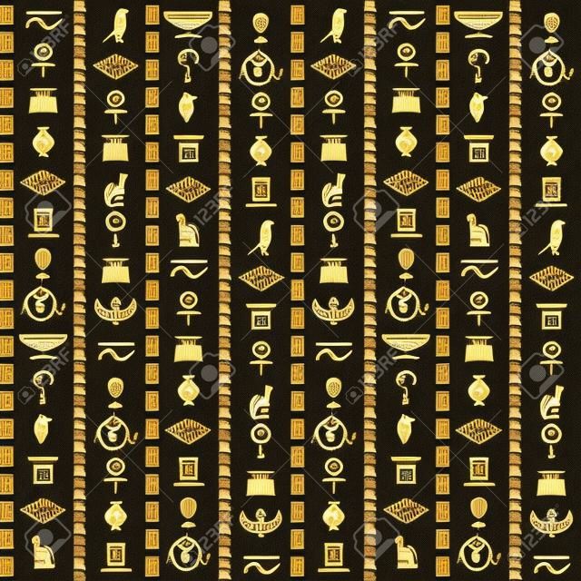 Starożytny Egipt. egipskie hieroglify wzór, antyczne elementy i symbole papirus, tradycyjne tło historyczne, piramidy graficzne, tekstylia dekoracyjne, papier do pakowania tapeta wektor tekstura