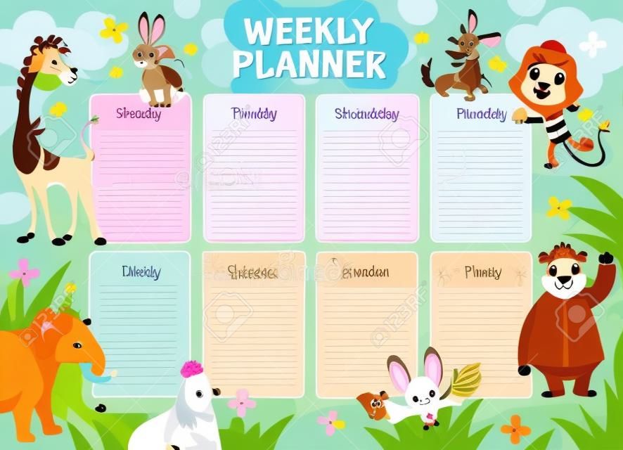 Kids animals weekly planner. School student schedule with wild fauna, children to do list with rabbit elephant and lion. Life planners daily routine organization vector cartoon concept