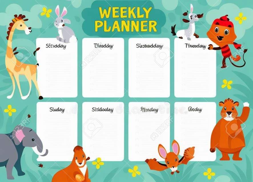 Kids animals weekly planner. School student schedule with wild fauna, children to do list with rabbit elephant and lion. Life planners daily routine organization vector cartoon concept