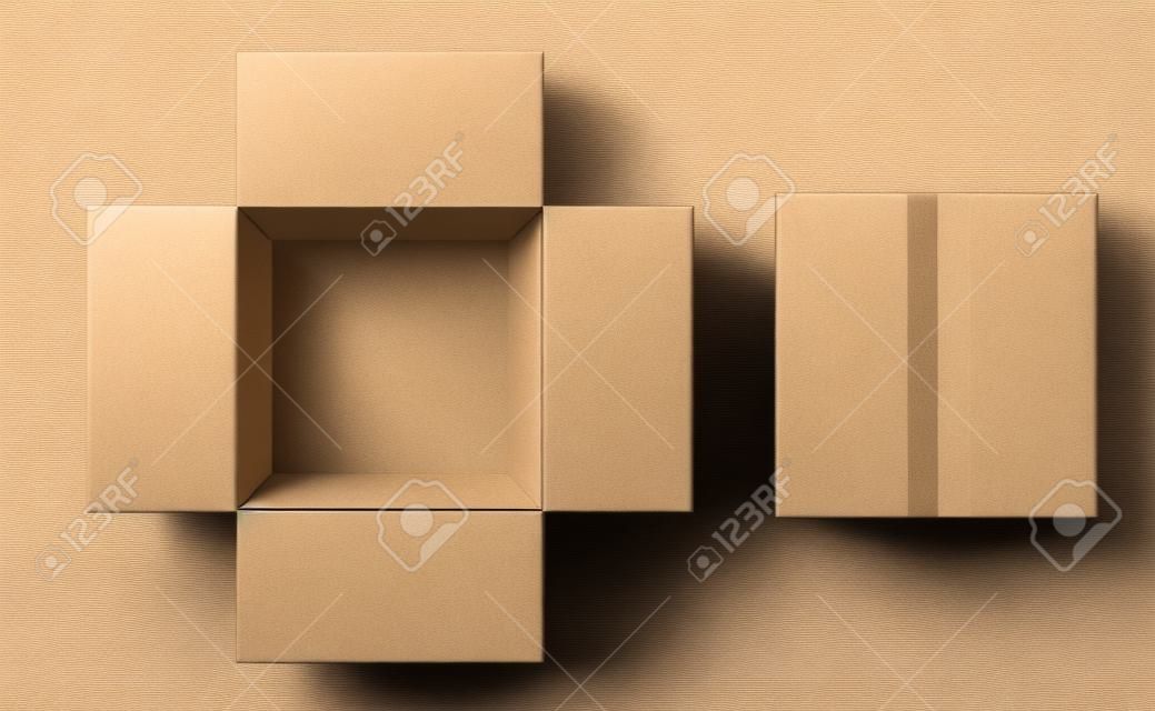 Top view cardboard box. Closed and open beige boxes inside and top view, brown pack mockup, delivery service and warehouse object realistic empty carton container. Vector 3d isolated set
