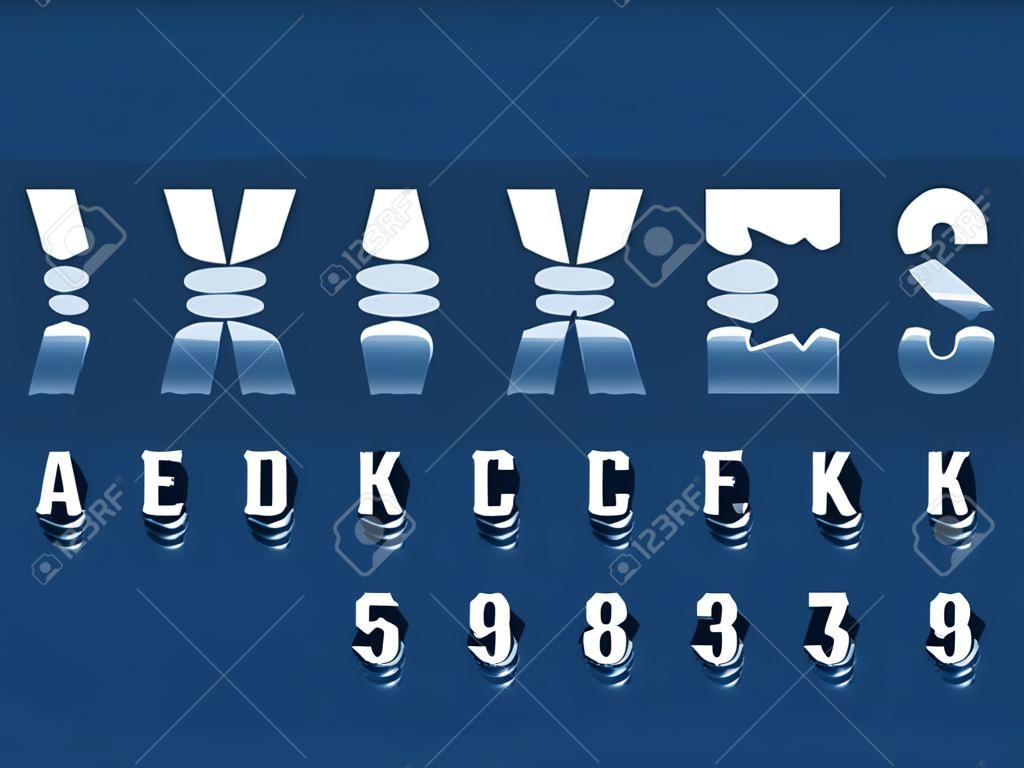 Waves font. Ripple water reflexes english alphabet, wavelike letters and numbers distortion, liquid deformation simple text, lower parts fluctuation typeset. Vector isolated abc set