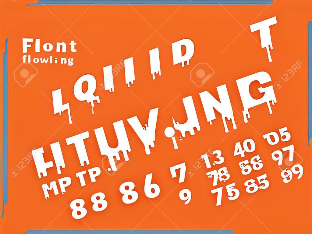 Liquid melting font. Flowing down diagonal white alphabet, milky letters and numbers, splashes and drops streaming typography. Fused deformation, topping lettering. Vector isolated set