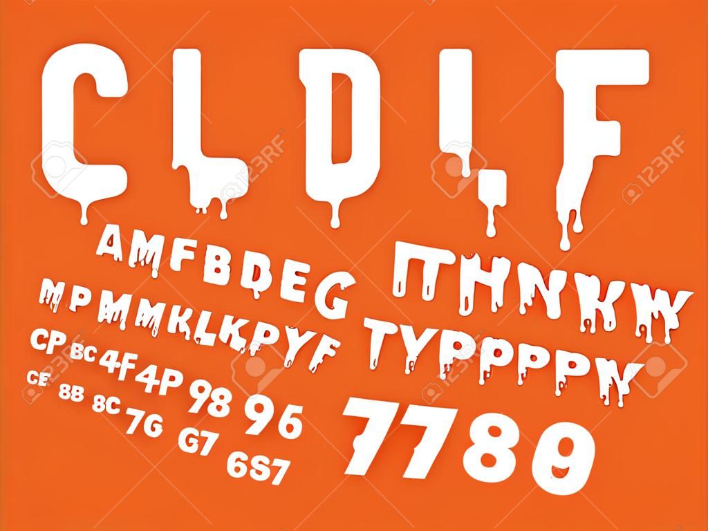 Liquid melting font. Flowing down diagonal white alphabet, milky letters and numbers, splashes and drops streaming typography. Fused deformation, topping lettering. Vector isolated set