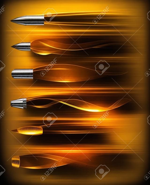 Bullets flying. Different fired bullet in motion with smoke traces realistic, gunshots firearm shooting metall bullets. 3d military objects various calibers, vector isolated on set