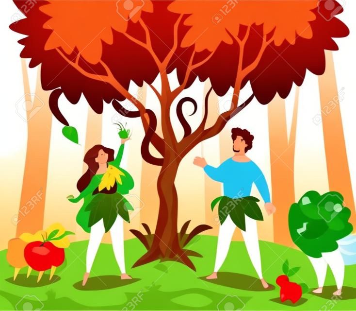 아담과 이브. 성서 이야기 장면 정원 에덴에 있는 최초의 남자와 여자, 지식 선과 악, 유혹의 뱀과 사과. 부부는 나무 아래에 서 있다. 종교 장면 벡터 만화 개념