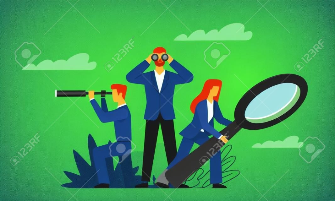 Search goal. Right idea and decisions quest, different point of view, business team strategy vision, people watching binocular, magnifier and spyglass. Flat cartoon isolated vector concept