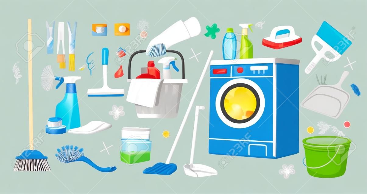 Cartoon cleaning supplies. Different household goods. Washer and buckets with mops. Detergent chemicals and sponges. Housekeeper hand with basket. Scoop and broom. Vector cleanup tools set