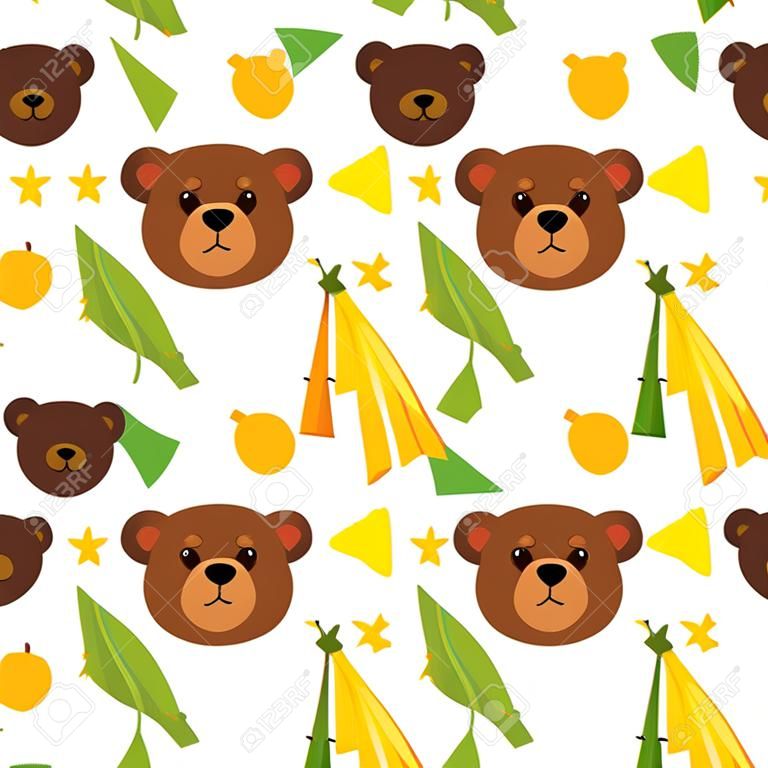 Cartoon bear seamless pattern. Funny animals heads, brown grizzly characters, forest mammals faces and objects, recent vector background. Decor childish textile, wrapping paper, kids print