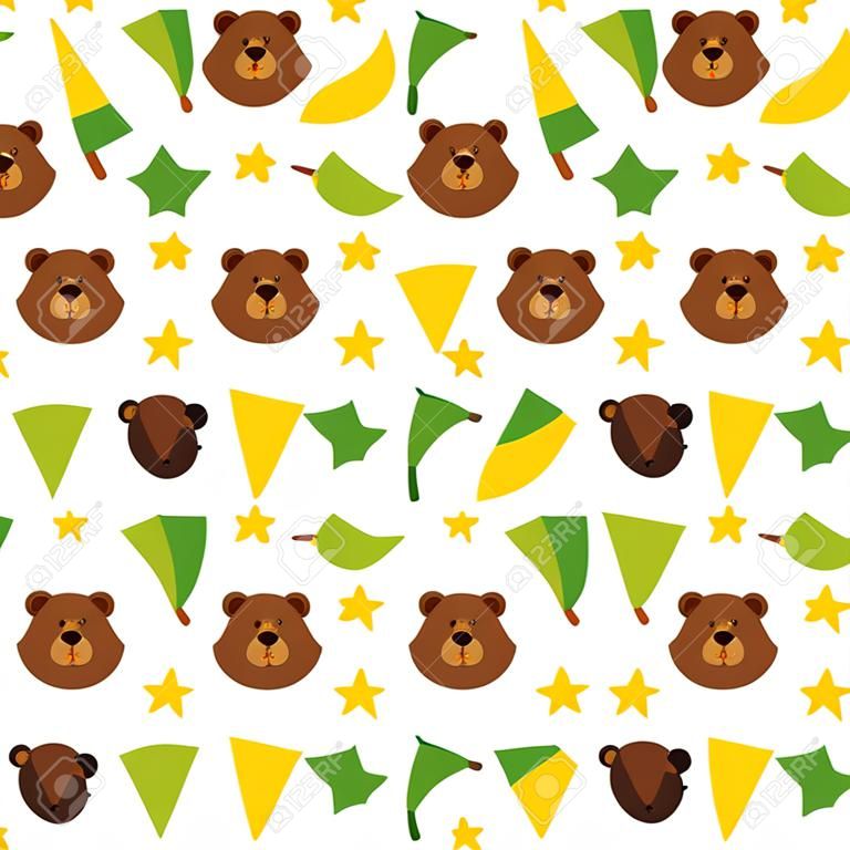 Cartoon bear seamless pattern. Funny animals heads, brown grizzly characters, forest mammals faces and objects, recent vector background. Decor childish textile, wrapping paper, kids print