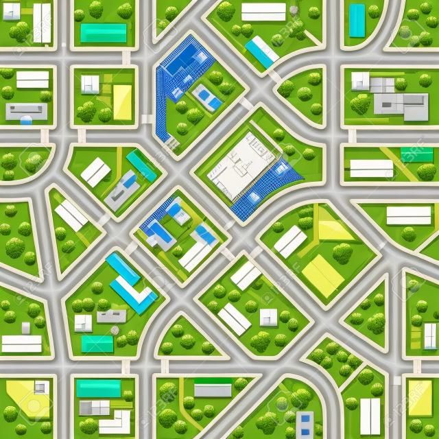 Street map top view. City transport infrastructure, urban roads plan, houses rooftops in green courtyards, bushes and trees, stadium and swimming pool, seamless texture, nowaday vector concept