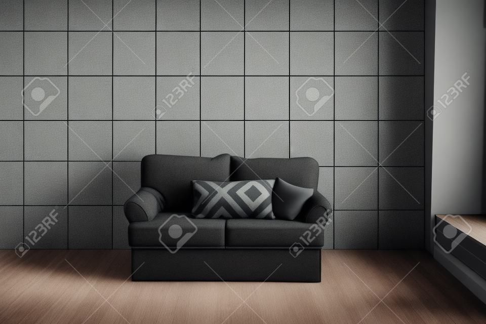 interior of rooms with a gray sofa on a black background