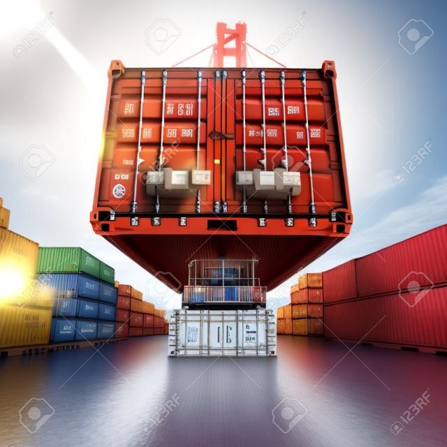 Be- und Entladen von Containern am Containerterminal, 3D-Darstellung