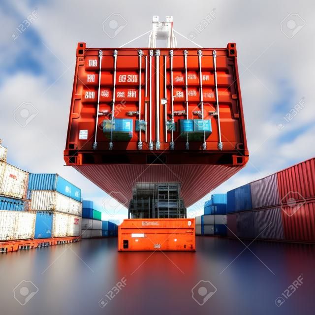 Be- und Entladen von Containern am Containerterminal, 3D-Darstellung