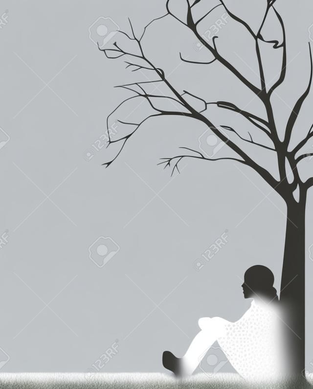 mujer sentada bajo un árbol sobre fondo blanco.
