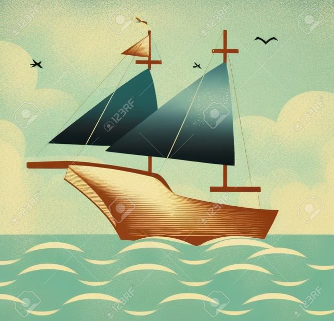 Antik yelkenli tekne grafik tasarım, vektör çizim eps10