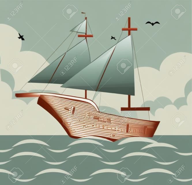 Antik yelkenli tekne grafik tasarım, vektör çizim eps10