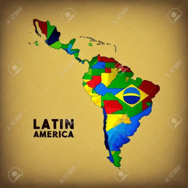 Latin Amerika'nın ülkelerin bayraklarıyla olan haritası. Renkli tasarım. Vektör illüstrasyonu