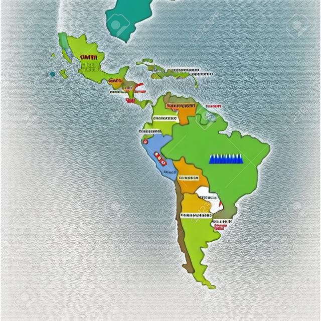 Mappa del latino americano con i nomi delle icone dei paesi su sfondo bianco. Illustrazione vettoriale