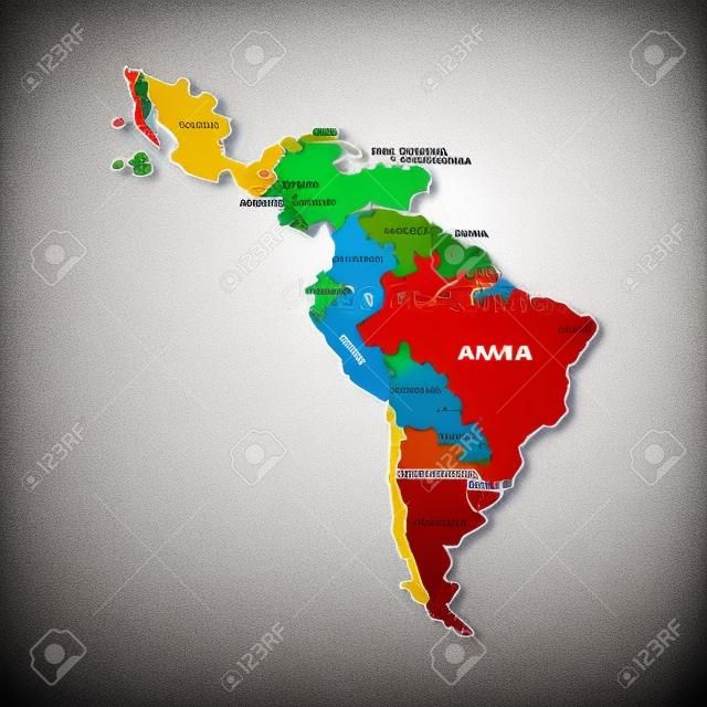 拉丁美洲地圖與國家圖標的名稱在白色背景。矢量插圖