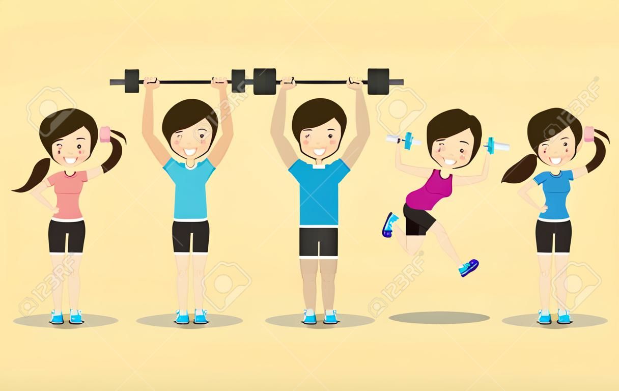 hombre y mujer haciendo ejercicio surtido feliz fitness personas imagen vector ilustración diseño