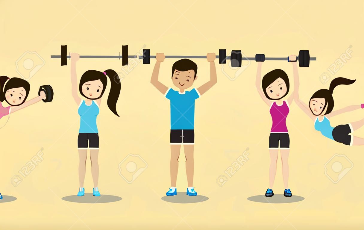 hombre y mujer haciendo ejercicio surtido feliz fitness personas imagen vector ilustración diseño