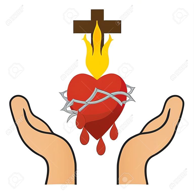 Les mains avec le coeur sacré et l'icône de croix chrétienne sur fond blanc. Design coloré. Illustration vectorielle