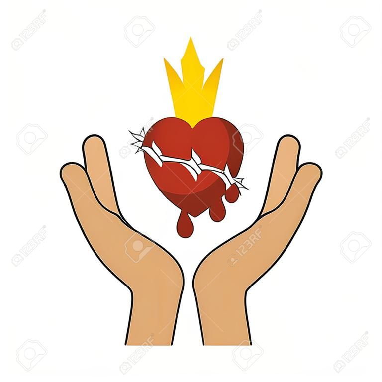 руки со священным сердцем и христианский крест значок на белом фоне. красочный дизайн. векторные иллюстрации