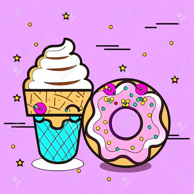 пончик и конус мороженого над фиолетовым фоном векторной иллюстрации