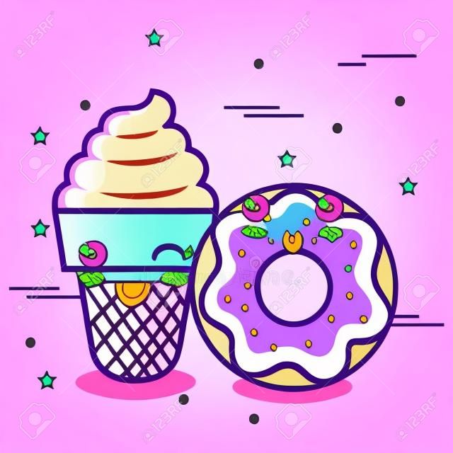 пончик и конус мороженого над фиолетовым фоном векторной иллюстрации